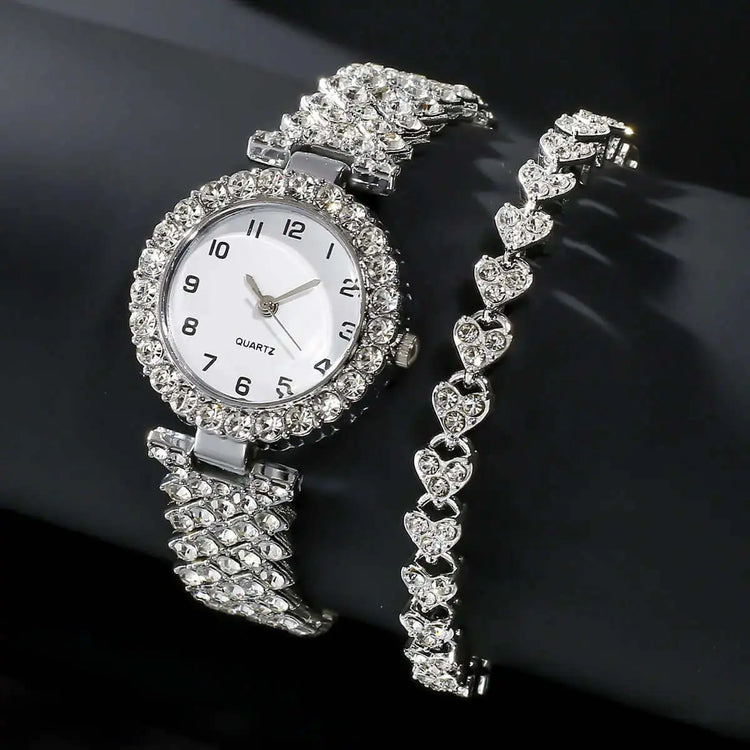 LUXEHAEVEN 2pcs Luxury Fashion Women Watch Set Silver Strap Ladies Quartz Wristwatch Alloy Bracelet For Ladies Jewelry Set LuxeHaeven