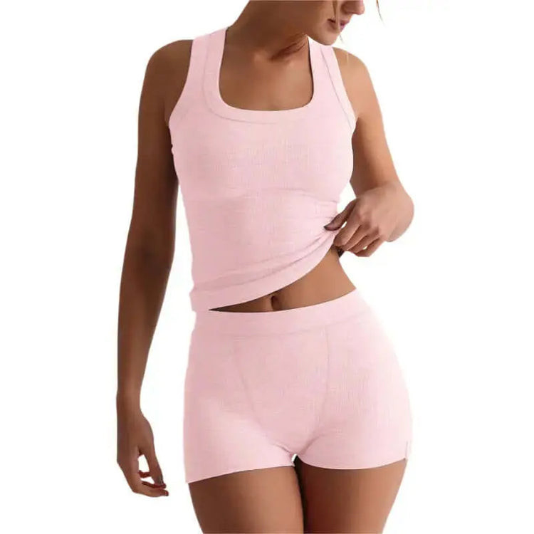 LUXEHAEVEN Womens Casual Solid-Colored Crew-Neck Slim-Fit Tank Top And High-Waist Shorts Set LuxeHaeven