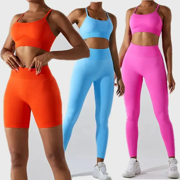 Wholesale Seamless Rib Sportswear 3 Piece Suit Seamless Breathable Women Clothing Gym Fitness Sets Sports Bra Leggings Yoga Set