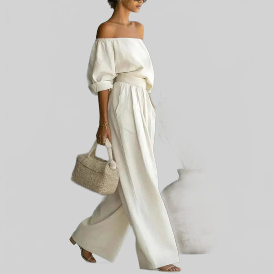 LUXEHAEVEN Casual Two-Piece Womens Outfit Off-Shoulder Top And Wide-Leg Pants Set LuxeHaeven