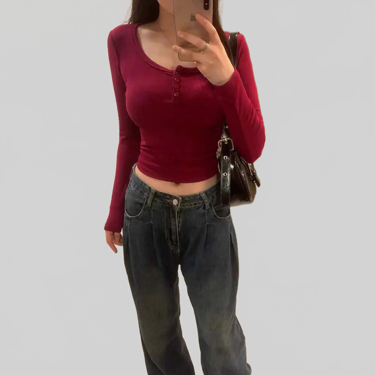 LUXEHAEVEN Solid-color U Neck Slim Fit Semi Scoop Neck Base Layer Top