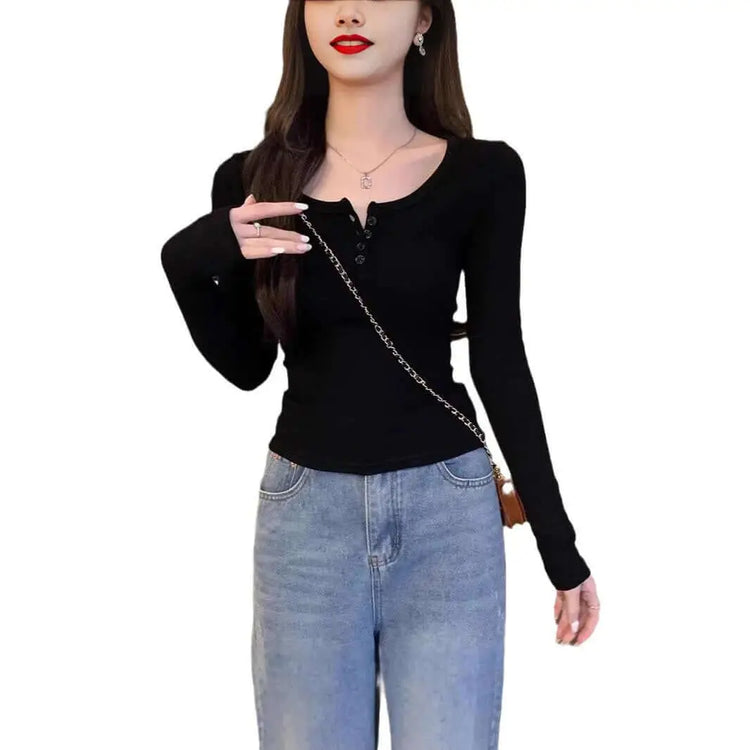 LUXEHAEVEN Solid-color U Neck Slim Fit Semi Scoop Neck Base Layer Top