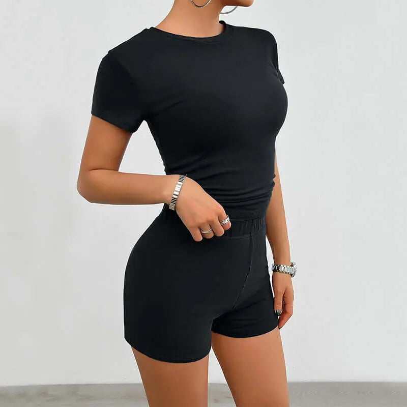 LUXEHAEVEN Solid Color Slim Sports Suit Summer 2Pcs Short-sleeved Round Neck T-shirt And Elastic Shorts Fashion Womens Clothing LuxeHaeven
