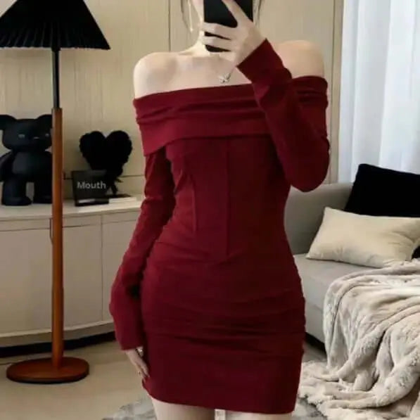LUXEHAEVEN Off-shoulder Long-sleeve Womens Spring Slim-fit Dress