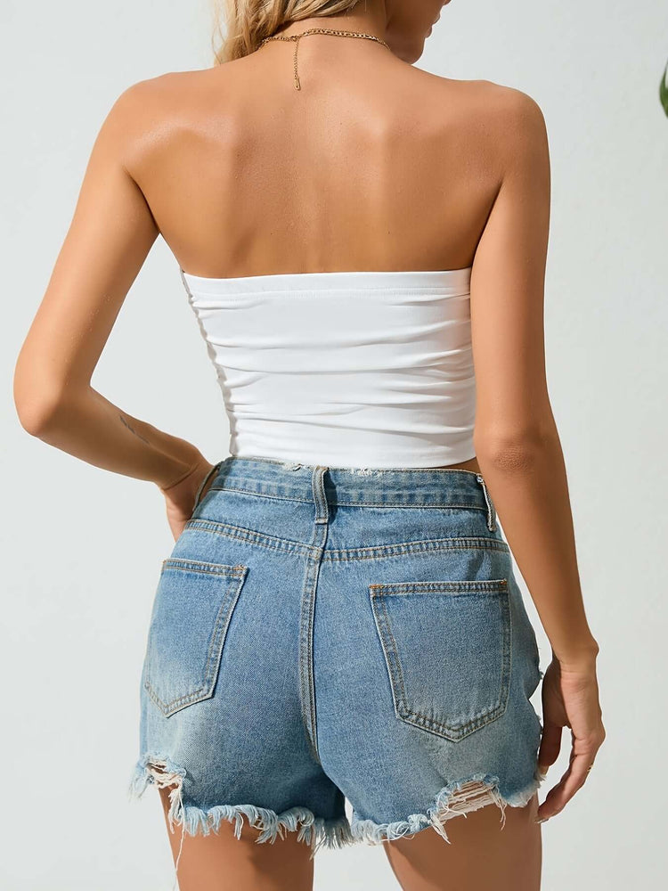 Y2K-Inspired Solid Ruched Crop Tube Top - Strapless, Stretch-Fit Design Perfect for Summer Casuals - Women&