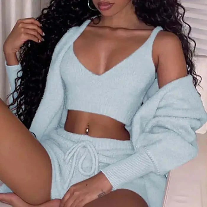 LUXEHAEVEN 3pcs Womens Clothing Long Sleeve Crop Tank Top And Drawstring Shorts Pajama Set LuxeHaeven