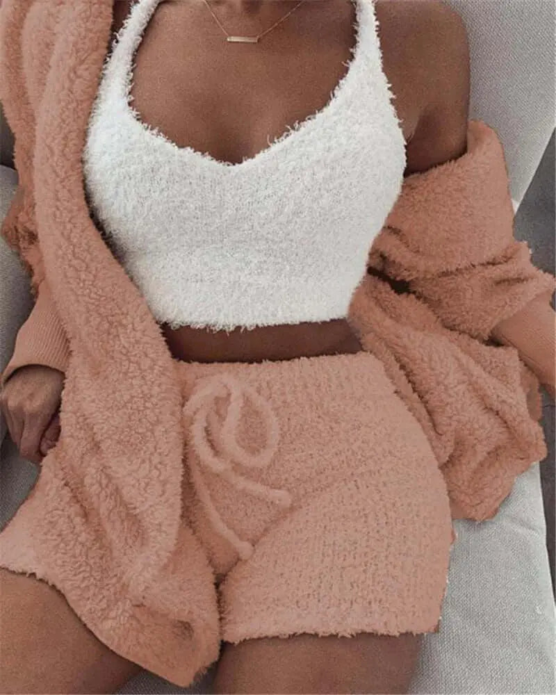 LUXEHAEVEN 3pcs Womens Clothing Long Sleeve Crop Tank Top And Drawstring Shorts Pajama Set LuxeHaeven