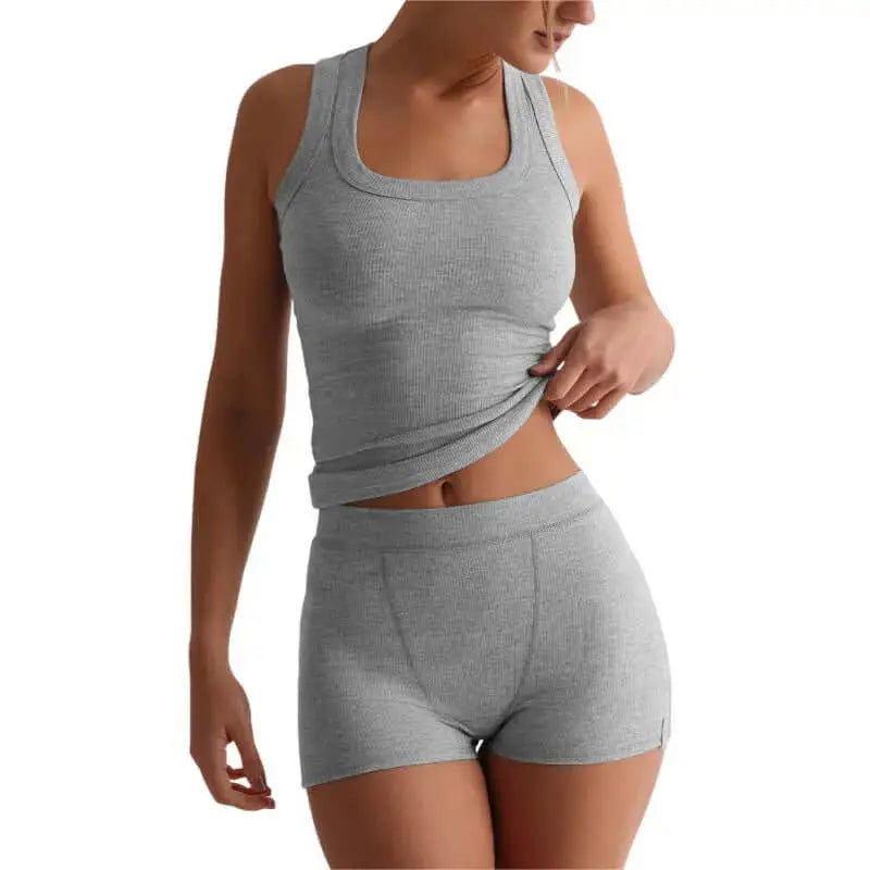 LUXEHAEVEN Womens Casual Solid-Colored Crew-Neck Slim-Fit Tank Top And High-Waist Shorts Set LuxeHaeven