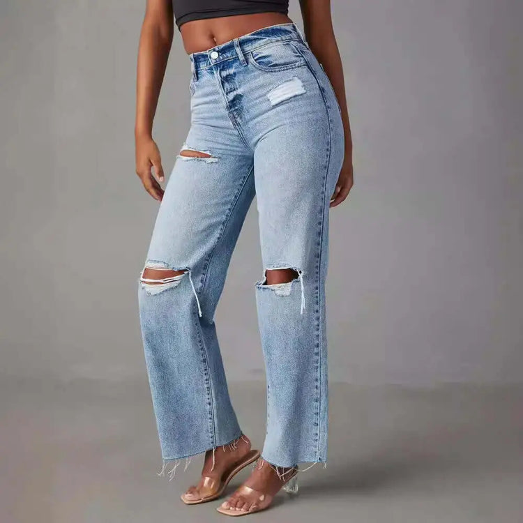 LUXEHAEVEN Ripped, Raw-Hem Denim Jeans Casual Washed Womens Straight-Leg Pants LuxeHaeven