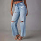 LUXEHAEVEN Ripped, Raw-Hem Denim Jeans Casual Washed Womens Straight-Leg Pants LuxeHaeven