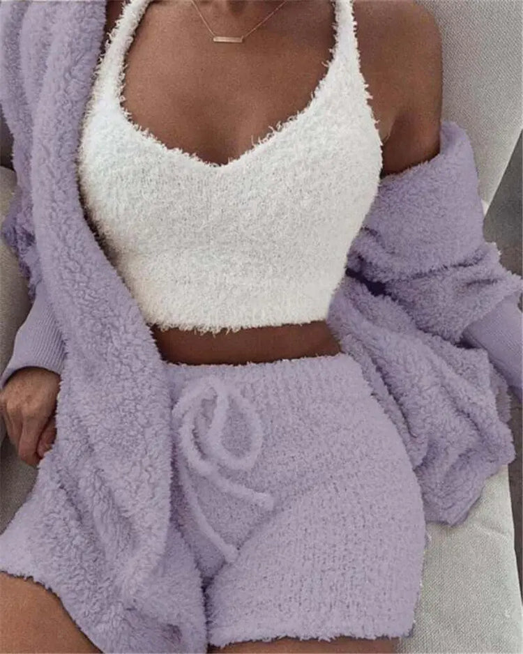 LUXEHAEVEN 3pcs Womens Clothing Long Sleeve Crop Tank Top And Drawstring Shorts Pajama Set LuxeHaeven