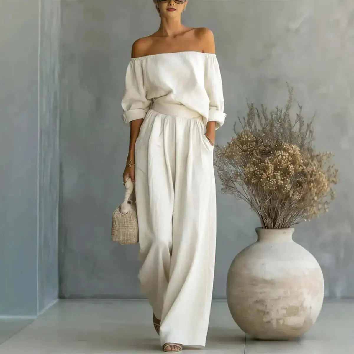 LUXEHAEVEN Casual Two-Piece Womens Outfit Off-Shoulder Top And Wide-Leg Pants Set LuxeHaeven