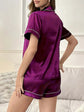 Open-front Buttoned Solid Color Lapel Satin Pajama Set