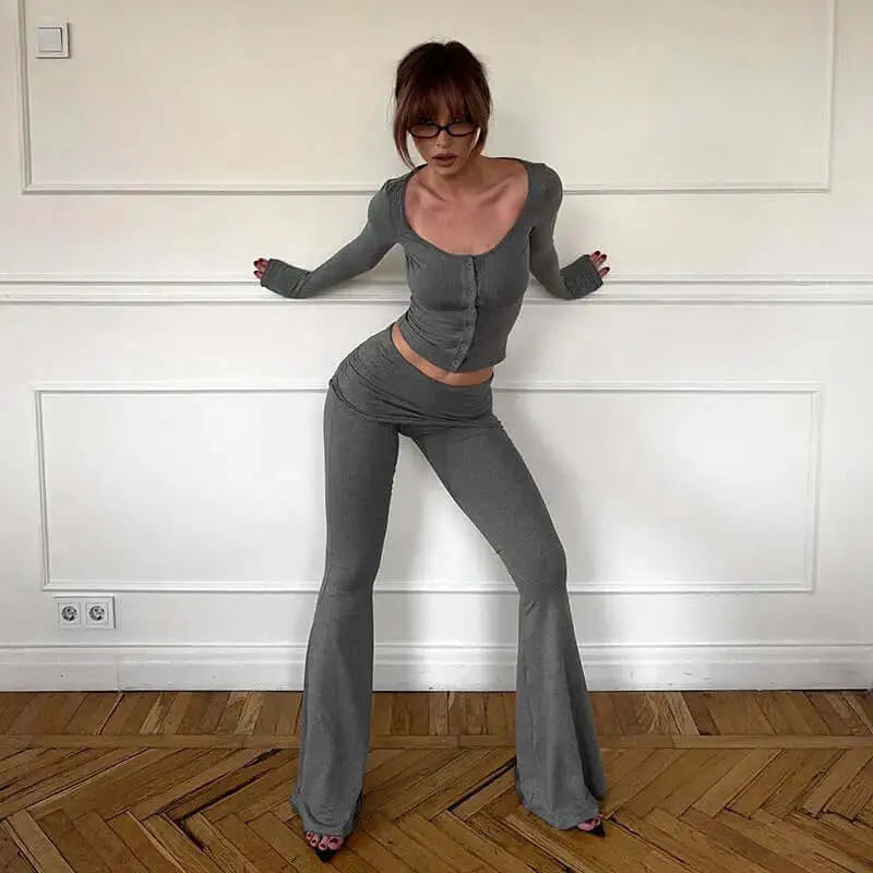 LUXEHAEVEN Long-sleeve Button-up Cardigan And Flared Fold-over Long Pants Casual Set LuxeHaeven