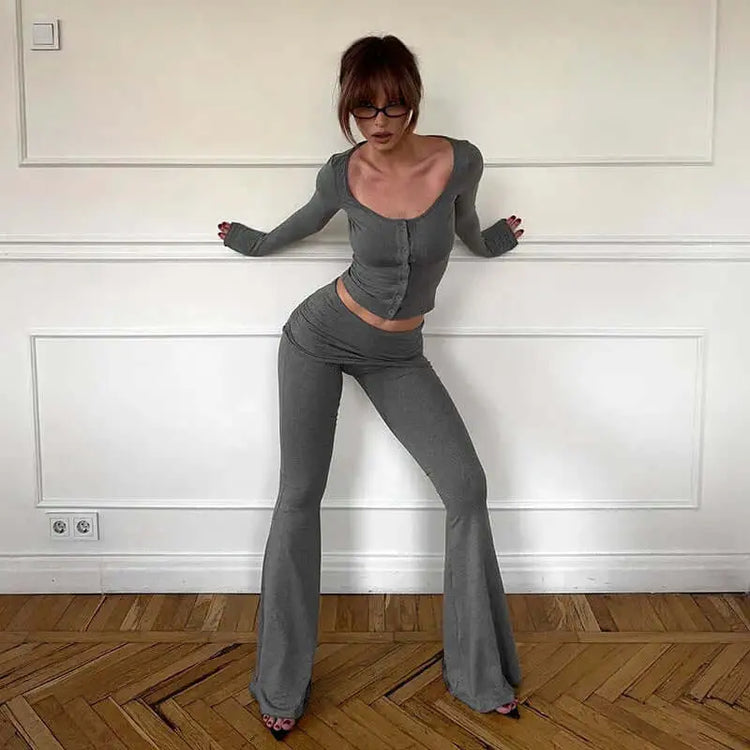 LUXEHAEVEN Long-sleeve Button-up Cardigan And Flared Fold-over Long Pants Casual Set LuxeHaeven