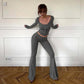 LUXEHAEVEN Long-sleeve Button-up Cardigan And Flared Fold-over Long Pants Casual Set LuxeHaeven