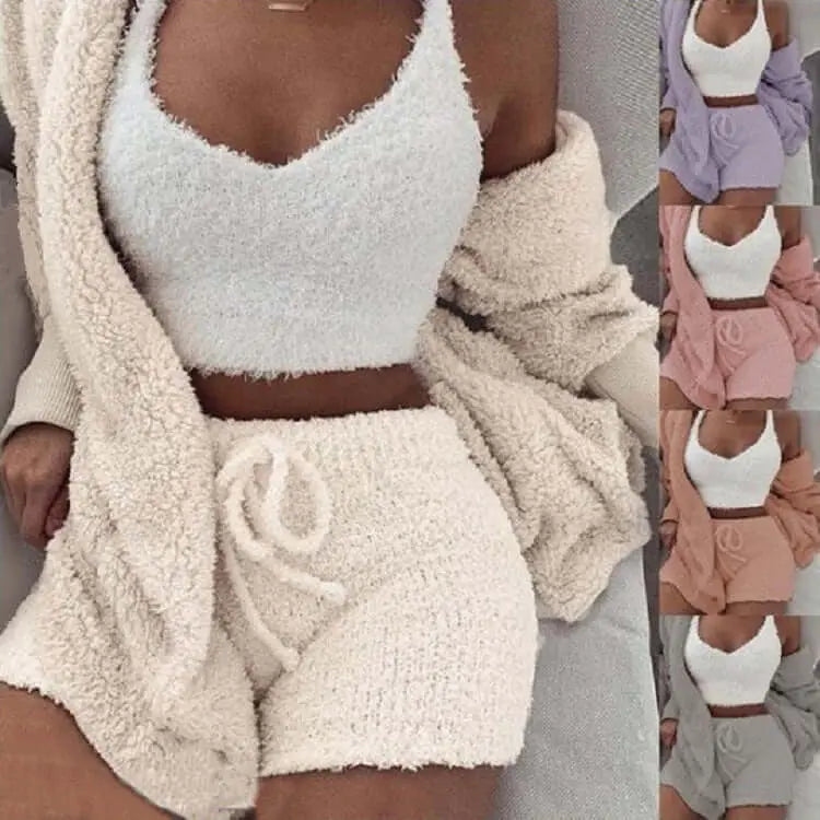 LUXEHAEVEN 3pcs Womens Clothing Long Sleeve Crop Tank Top And Drawstring Shorts Pajama Set LuxeHaeven