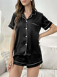 Open-front Buttoned Solid Color Lapel Satin Pajama Set
