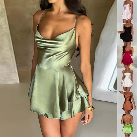 LUXEHAEVEN Sexy Suspender Skirt For Women Elegant Slim Strap Satin Backless Lace Up A-Line Short Dress Lady LuxeHaeven
