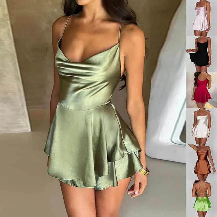 LUXEHAEVEN Sexy Suspender Skirt For Women Elegant Slim Strap Satin Backless Lace Up A-Line Short Dress Lady LuxeHaeven
