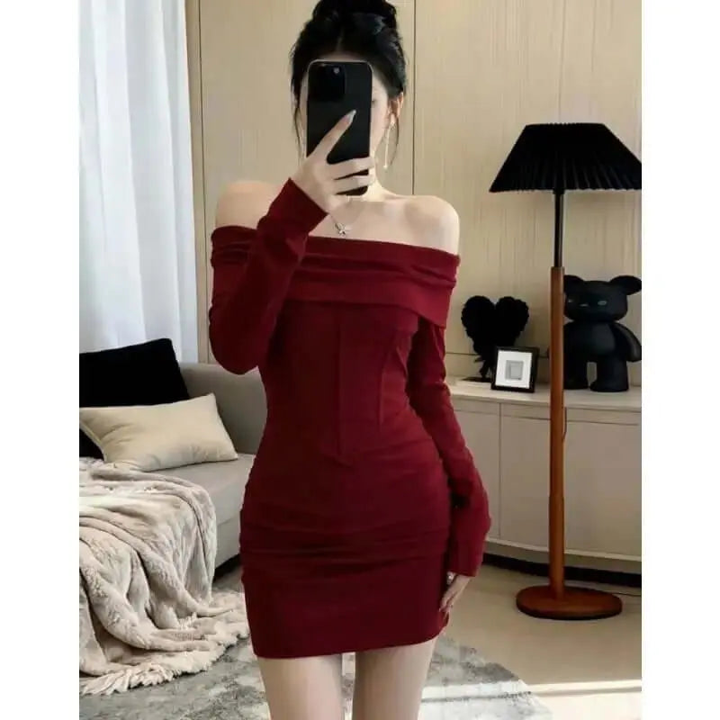 LUXEHAEVEN Off-shoulder Long-sleeve Womens Spring Slim-fit Dress