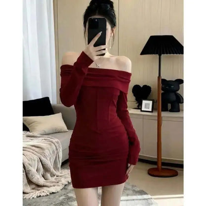 LUXEHAEVEN Off-shoulder Long-sleeve Womens Spring Slim-fit Dress