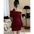 LUXEHAEVEN Off-shoulder Long-sleeve Womens Spring Slim-fit Dress