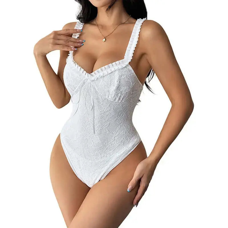 LUXEHAEVEN New Lace Ruffle-Trimmed Bodysuit
