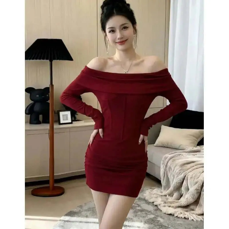 LUXEHAEVEN Off-shoulder Long-sleeve Womens Spring Slim-fit Dress