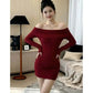 LUXEHAEVEN Off-shoulder Long-sleeve Womens Spring Slim-fit Dress