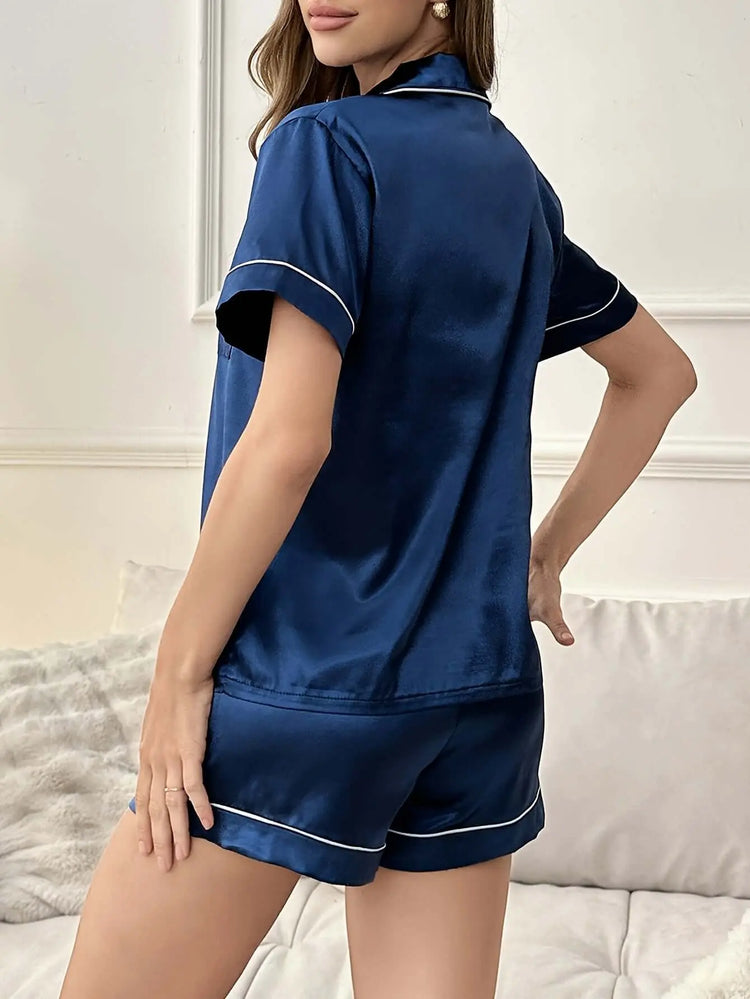 Open-front Buttoned Solid Color Lapel Satin Pajama Set