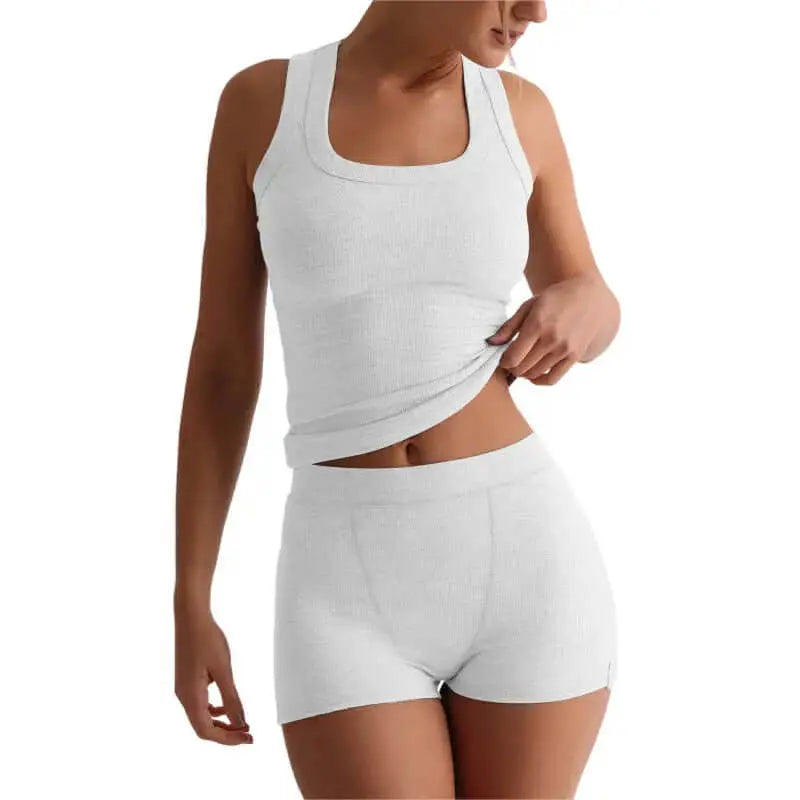 LUXEHAEVEN Womens Casual Solid-Colored Crew-Neck Slim-Fit Tank Top And High-Waist Shorts Set LuxeHaeven