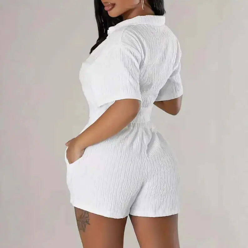 LUXEHAEVEN Fashionable Casual Short-Sleeve Shirt Set Single-Breasted Solid Color Pleated Two-Piece Suit LuxeHaeven