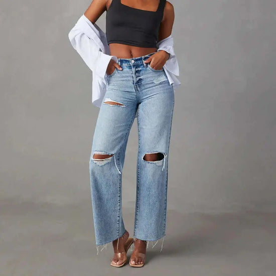 LUXEHAEVEN Ripped, Raw-Hem Denim Jeans Casual Washed Womens Straight-Leg Pants LuxeHaeven