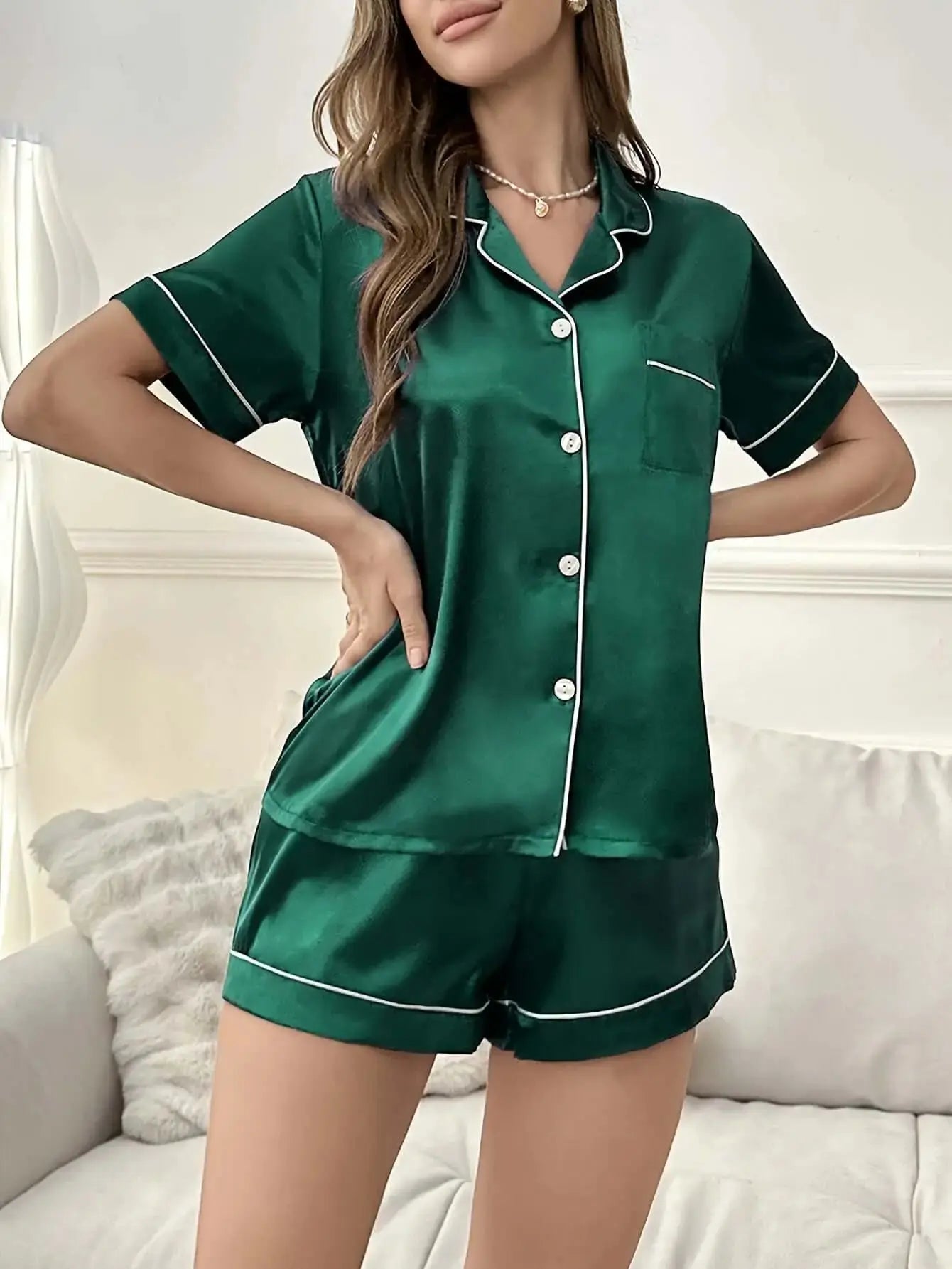 Open-front Buttoned Solid Color Lapel Satin Pajama Set