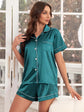 Open-front Buttoned Solid Color Lapel Satin Pajama Set