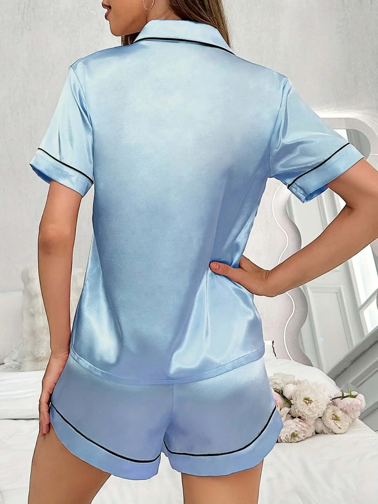 Open-front Buttoned Solid Color Lapel Satin Pajama Set