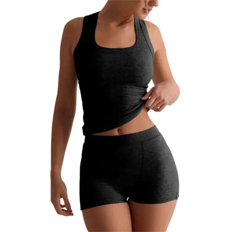 LUXEHAEVEN Womens Casual Solid-Colored Crew-Neck Slim-Fit Tank Top And High-Waist Shorts Set LuxeHaeven