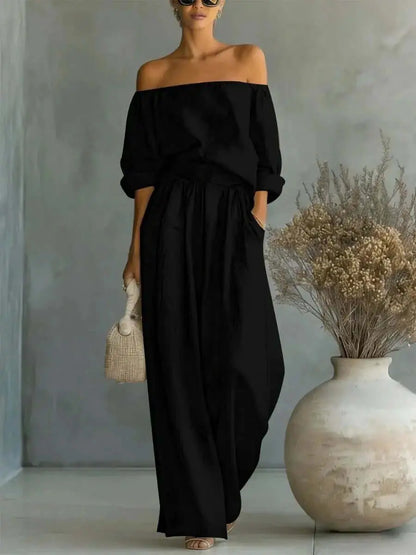 LUXEHAEVEN Casual Two-Piece Womens Outfit Off-Shoulder Top And Wide-Leg Pants Set LuxeHaeven