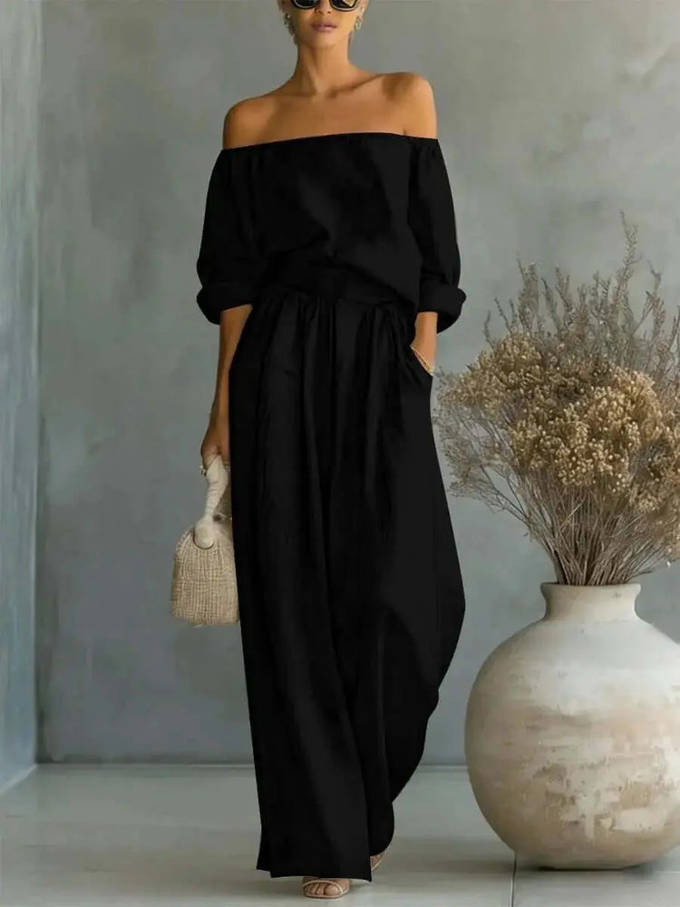 LUXEHAEVEN Casual Two-Piece Womens Outfit Off-Shoulder Top And Wide-Leg Pants Set LuxeHaeven
