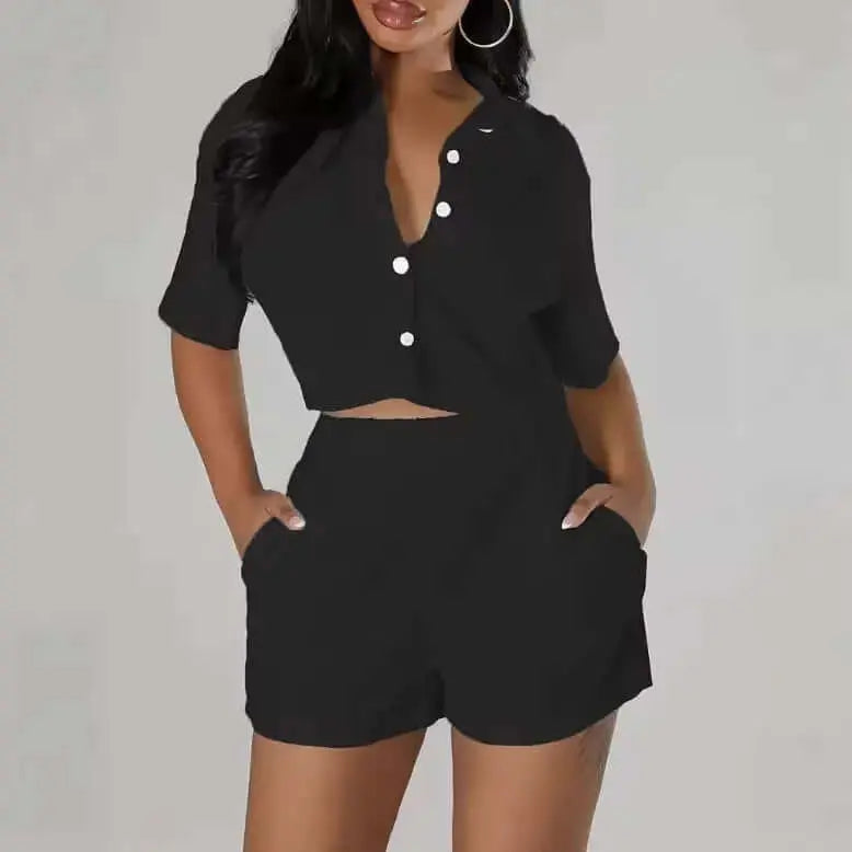LUXEHAEVEN Fashionable Casual Short-Sleeve Shirt Set Single-Breasted Solid Color Pleated Two-Piece Suit LuxeHaeven