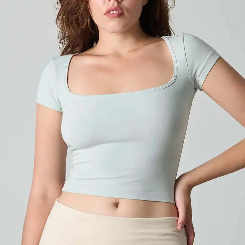 LUXEHAEVEN Square-neck Solid-color Cinched-waist Slim-fit Minimalist All-cotton Top LuxeHaeven
