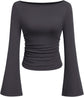 LUXEHAEVEN Womens Bell Long Sleeve Ribbed Knit Tops