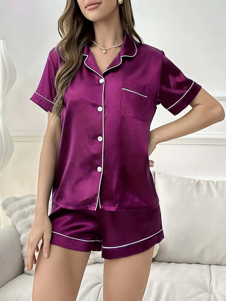 Open-front Buttoned Solid Color Lapel Satin Pajama Set