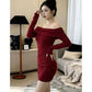 LUXEHAEVEN Off-shoulder Long-sleeve Womens Spring Slim-fit Dress
