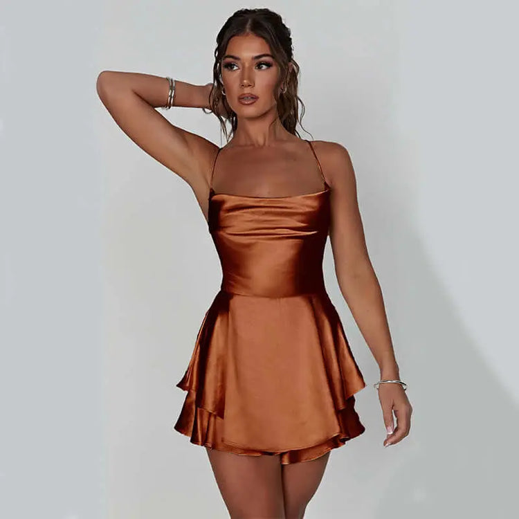 LUXEHAEVEN Sexy Suspender Skirt For Women Elegant Slim Strap Satin Backless Lace Up A-Line Short Dress Lady LuxeHaeven