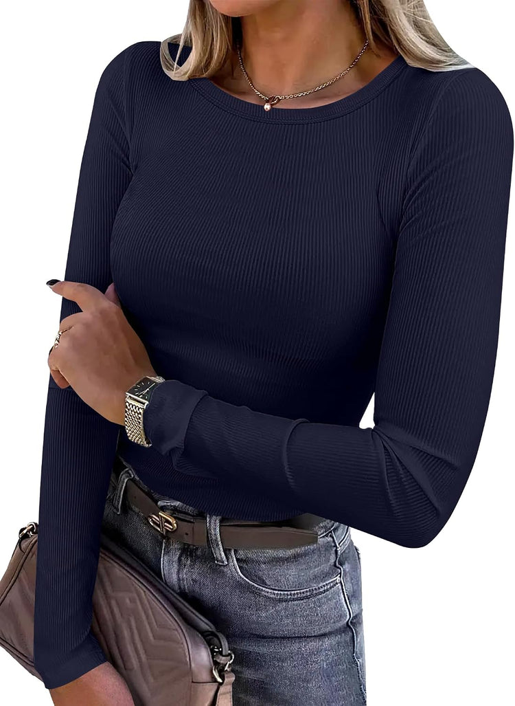 LUXEHAEVEN ANRABESS women wearing a navy long sleeve ribbed fitted top with stylish accessories.