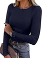 LUXEHAEVEN ANRABESS women wearing a ribbed fitted long sleeve shirt in navy with stylish accessories.