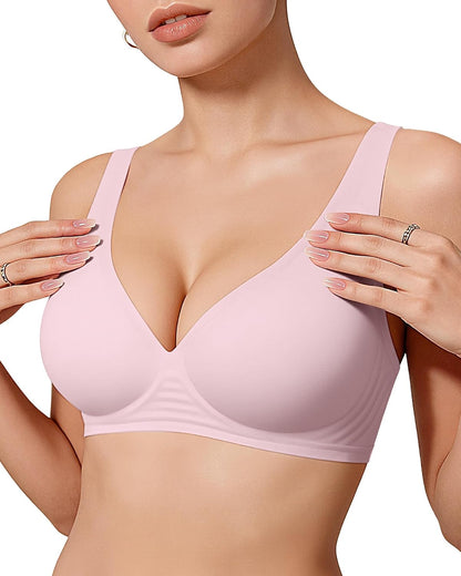 LUXEHAEVEN Womens Jelly Bras Wireless Deep V Bralette in soft pink, showcasing a comfy push-up design.