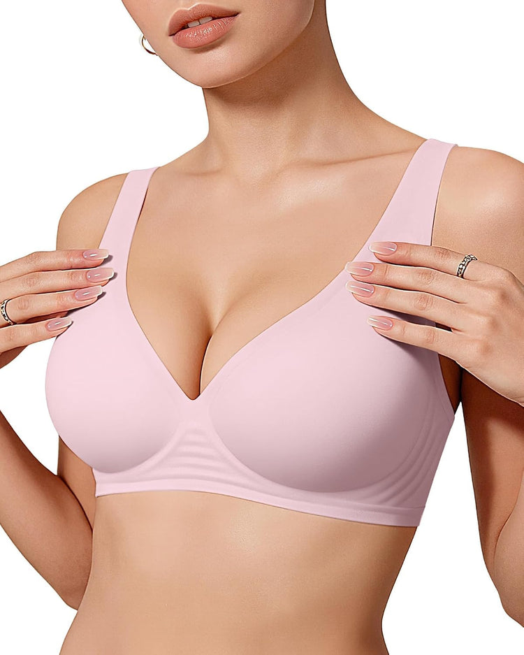 LUXEHAEVEN Womens Jelly Bra in pink, wireless deep V bralette offering comfy push-up support.